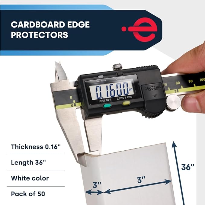Cardboard Edge Protectors for Shipping - 3W x 3"D x 36"L, Medium Duty .160 ga, Pallet Corner Protectors, Angle Boards, White, 50/Pack