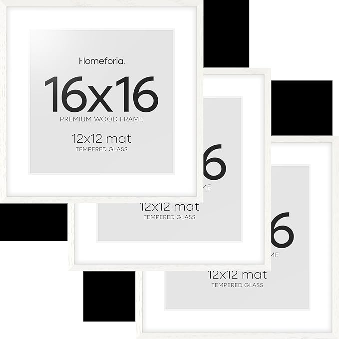 Homeforia 16x16 White Picture Frame, High End Oak 16 x 16 Square Wood Frames with Mat 12 by 12 inches Photo, 16by16 White Wooden Poster Frames Matted to 12x12 Print, Tempered Glass, Wall Kit, Set of 3