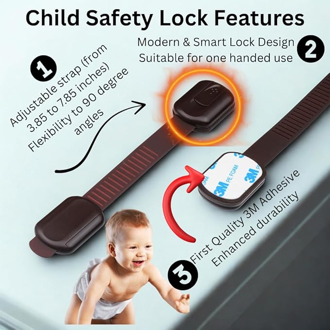 Child Safety Cabinet Locks (2 Pack) – Adjustable Baby Proofing Strap Latches with Strong 3M Adhesive – No Drill Childproof Locks for Drawers, Cabinets, Fridge, Door, Closet, Brown