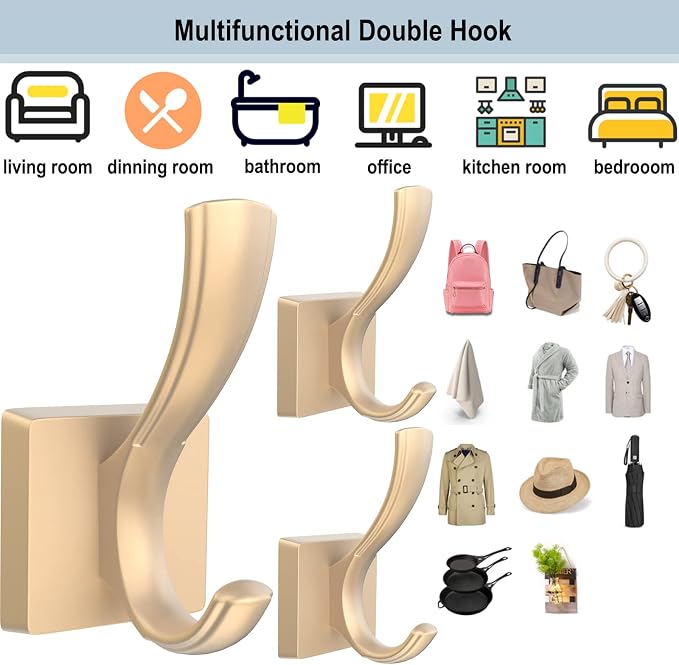 TOFIIGREM Gold Hooks for Wall Double Hooks, Heavy Duty Thick Bathroom Coat - Image 7