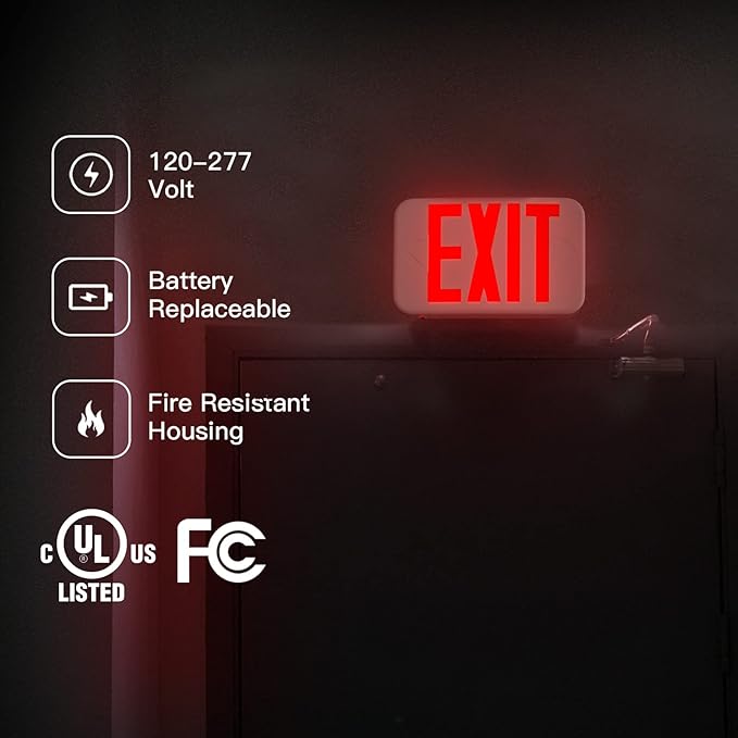 FREELICHT Red LED Exit Sign with Battery Backup，Exit Sign for Business，Easy to Install，UL Certified，AC 120/277V，Pack of 4