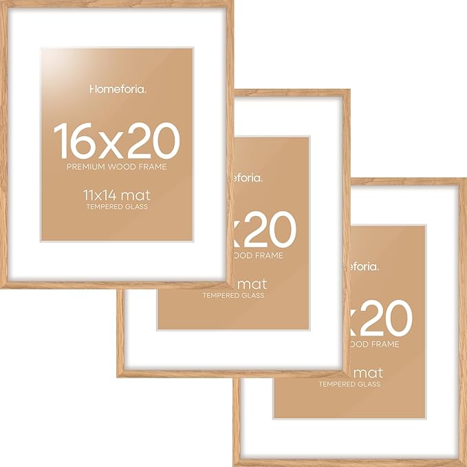 Homeforia 16x20 Wooden Frame, High End Natural Oak 16x20 Light Wood Picture Frame with Mat 11x14, 16 by 20 Poster Frames Matted to 11 x 14 Photo, 20by16 Thin Frames, Tempered Glass, Wall Kit, Set of 3