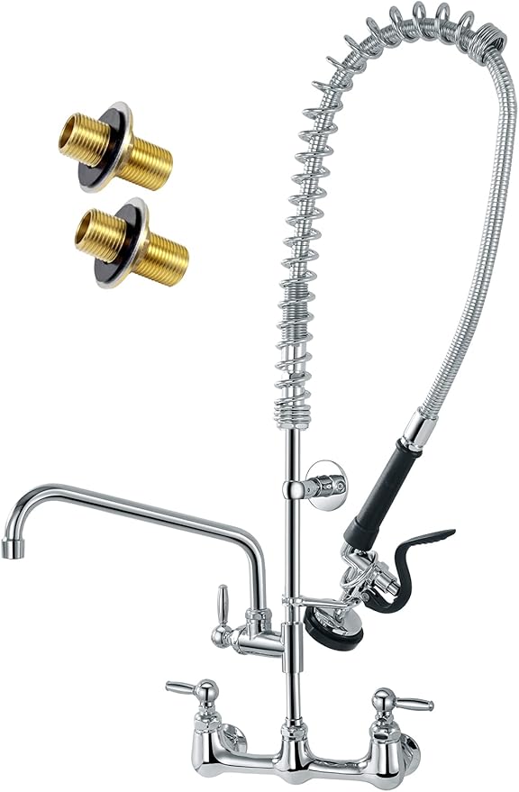 Commercial Sink Faucet with Sprayer, 8 Inch Center Wall Mount Kitchen Faucet with 12” Swing Spout 36” Height Compartment Sink for Restaurant Industrial, Chrome Polished