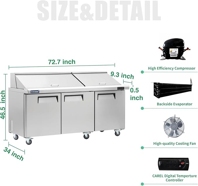 ICECASA 72" W Commercial Refrigerator Sandwich&Salad Prep Table Mega Top 3 Door Stainless Steel Counter Fan Cooling Refrigerator with 30 pans-72 Inches for Restaurant, Bar, Shop, etc
