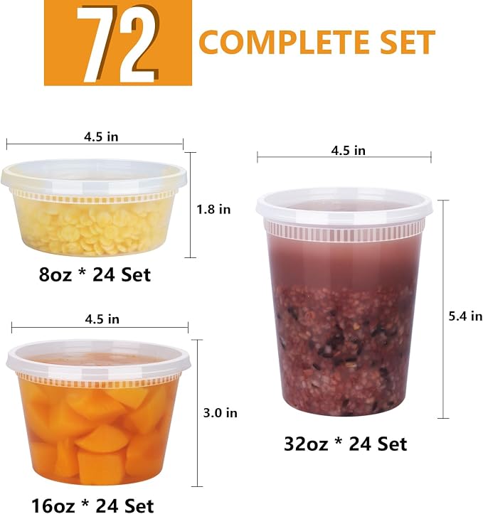 72 Sets Deli Containers with Lids, 32/16/8 oz X 24 Set Each | Leak-Proof & BPA - Image 2
