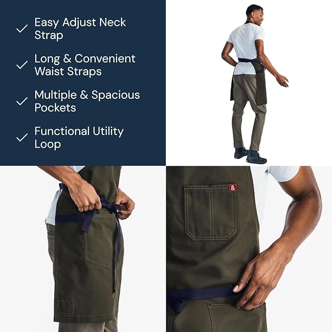 hedley & bennett Essential Apron - Lightweight Cotton Canvas Kitchen Apron with Pockets & Towel Loop - Professional Chef Workwear for Baking & Cooking - Olive