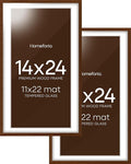 Homeforia 14x24 Picture Frame Brown, High End Dark Oak 14x24 Poster Wood Frame with Mat 11x22 for Photo, 14 x 24 Wooden Walnut Frame Matted to 11 x 22, 24x14 Frames, Tempered Glass, Wall Kit, Set of 2