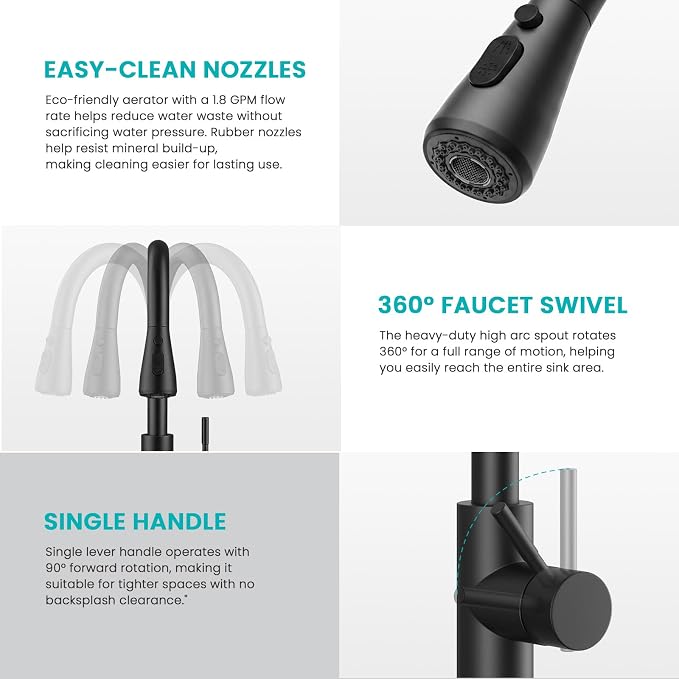 Kitchen Faucet with Pull Down sparyer, Leak Proof, Matte Black | 304 Stainless - Image 7