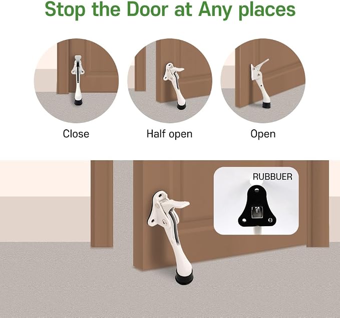 HA SHI Kickdown Door Stopper, Heavy Duty Adjustable White Door Holder Stop | - Image 8