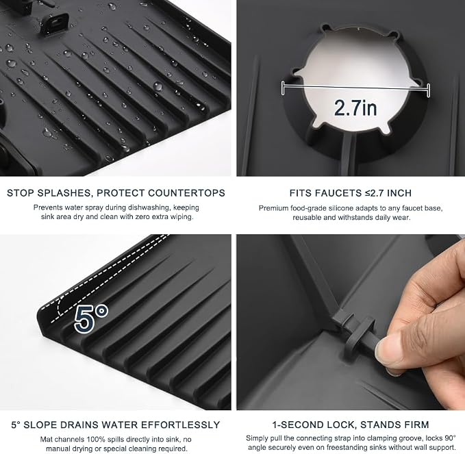 Silicone Sink Splash Guard Behind Faucet, Faucet Mat Backsplash Guard Black | - Image 6