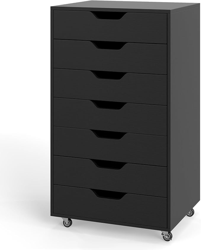 7 Drawer File Cabinet, Mobile Filing Cabinet w/Universal Wheels, Wood Printer Stand with Storage, Rolling File Cabinets for Home Office, Living Room, Bedroom (Black, 7 Drawers)