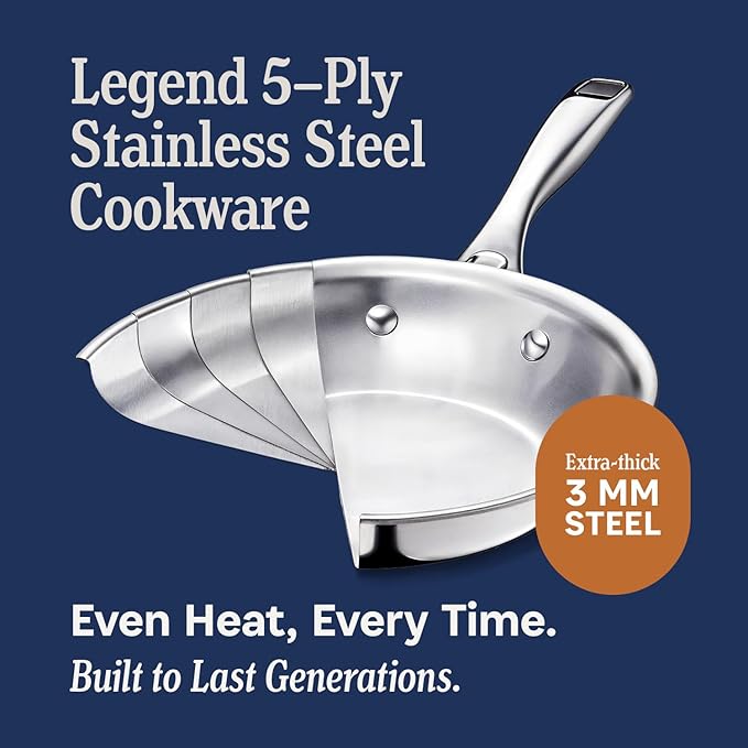 LEGEND COOKWARE 5-Ply Stainless Steel 3.5-Quart Saute Pan with Lid - Induction Compatible, Oven Safe 800°F - Non-Toxic, No Coatings - Even Heating, Won't Warp - Built to Last Generations