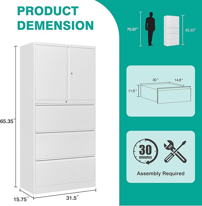 SISESOL 3 Drawer Lateral File Cabinet with Lock and Shelf,White Metal Filling Cabinet with Drawers and Shelf, Locking File Storage Cabinets with Doors and Shelves for Home,Office,Garage,School