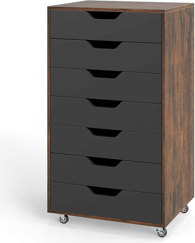 7 Drawer File Cabinet, Mobile Filing Cabinet w/Universal Wheels, Wood Printer Stand with Storage, Rolling File Cabinets for Home Office, Living Room, Bedroom (Rustic Brown, 7 Drawers)