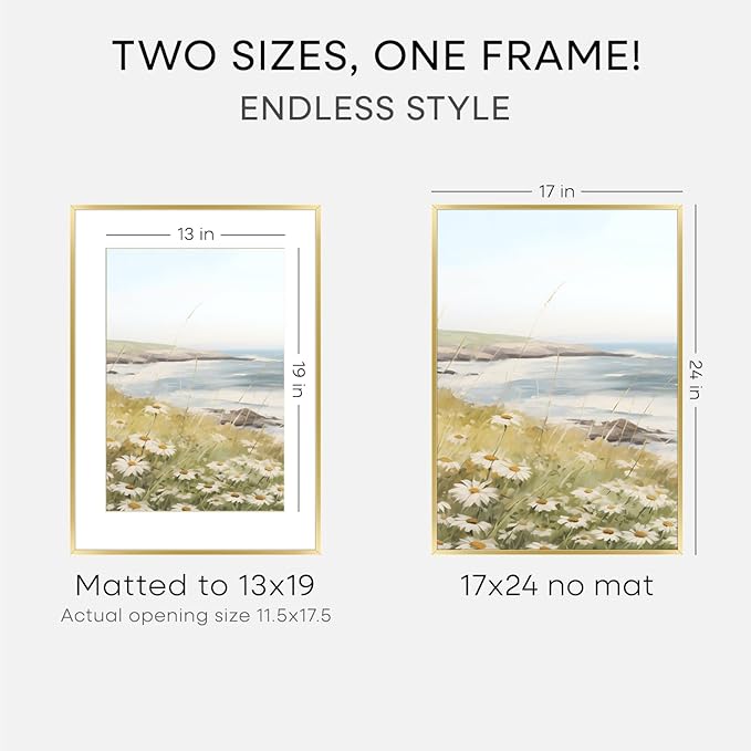 Homeforia 17x24 Picture Frame Gold, High End Metal 17x24 Poster Frames with Mat 13x19 Photo, 17 x 24 Gold Frame Matted to 13 by 19 Print, 24by17 Thin Hanging Frames, Tempered Glass, Wall Kit, Set of 3