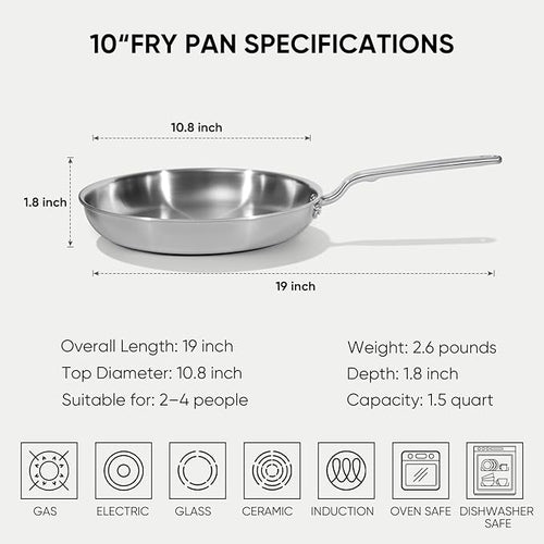 10 Inch Stainless Steel Frying Pan - 5 Ply Stainless Clad Skillet with Aluminum Core, Durable and Even Heating, Professional Cookware for Induction, All Stoves, Oven and Dishwasher Safe