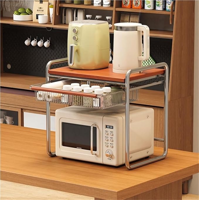 Multifunctional Microwave Stand with Storage, Solid Wood Spice Rack, Kitchen Countertop Organizer Shelf for Rice Cooker, Oven, Air Fryer and Seasoning(38.3cm/15.1in)