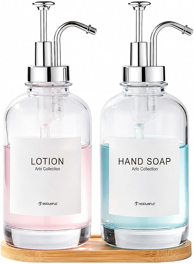 Glass Soap Dispenser Set 2, Silicone Funnel, Refillable Kitchen Soap Dispenser by modunfulbathroom