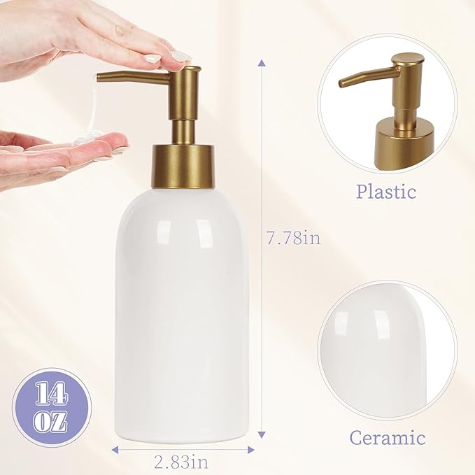 Natheeph 14OZ Ceramic Soap Dispenser Bathroom/Kitchen Can Fill Liquid-White | - Image 2