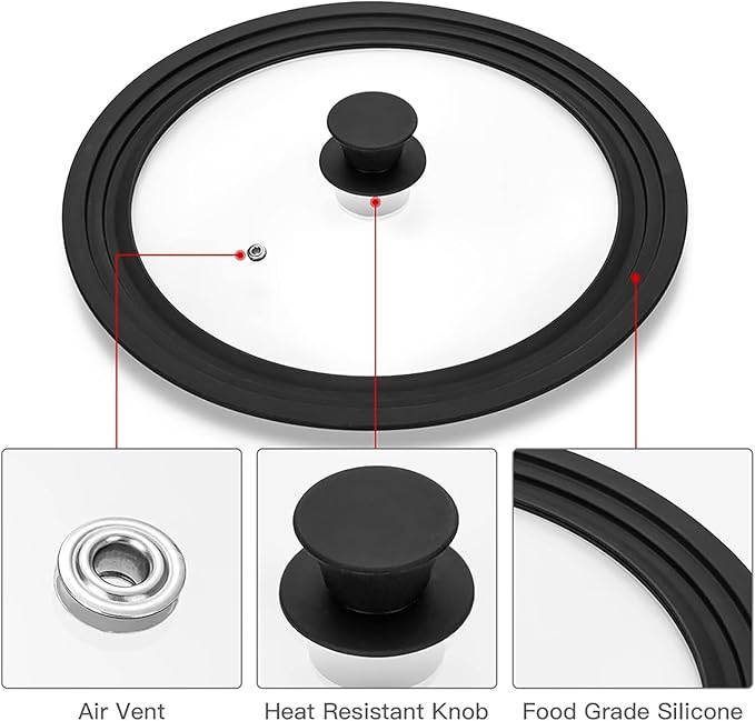 Universal Lid for Pots, Pans and Skillets, Tempered Glass Lid fit 9.5", 10", 11" Skillets, Pots, Frying Pans, Cast Iron, Crock Pot and Other Glass Covers Replacement