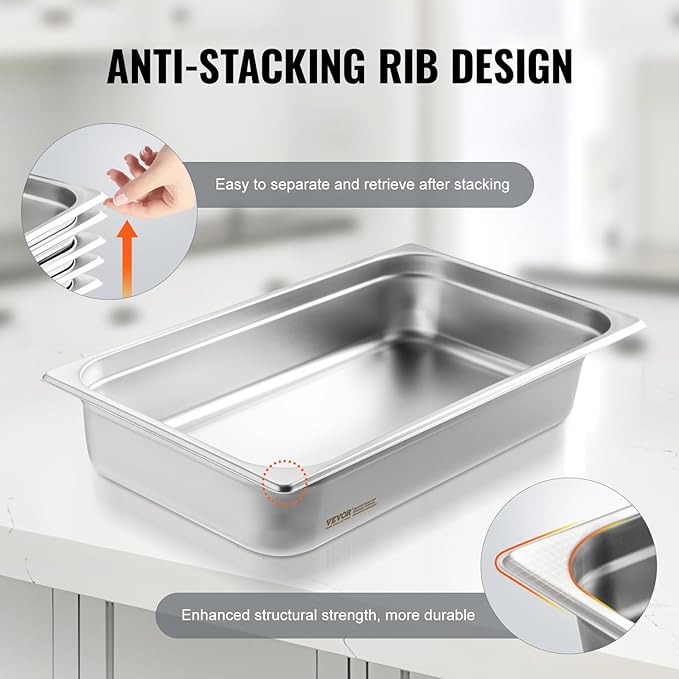 VEVOR Hotel Pan, Full Size Anti-Jam Steam Pans, 0.8mm Thick Stainless Steel 4-Inch Deep Commercial Table Pan, Catering Storage Food Pans, for Industrial & Scientific