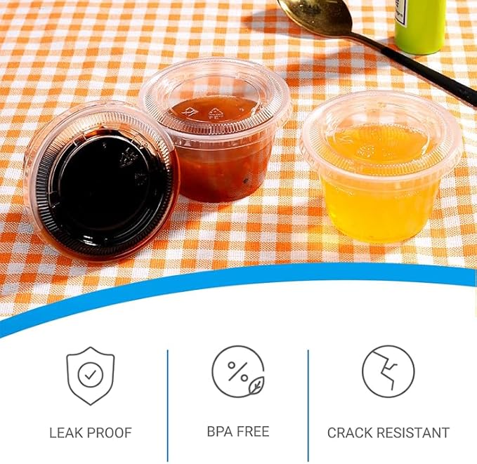 EDI [4 OZ, 100 Sets] Clear Disposable Plastic Portion Cups with Leakproof Lids for Condiment and Dipping Sauce | Jello Shot/Souffle Cups| BPA Free | Recyclable