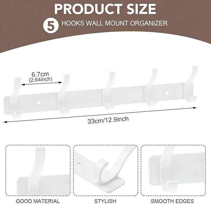 Wall Mount Coat Rack 2 Pack, Smooth Hook Edges, Screw Installation, Double - Image 2