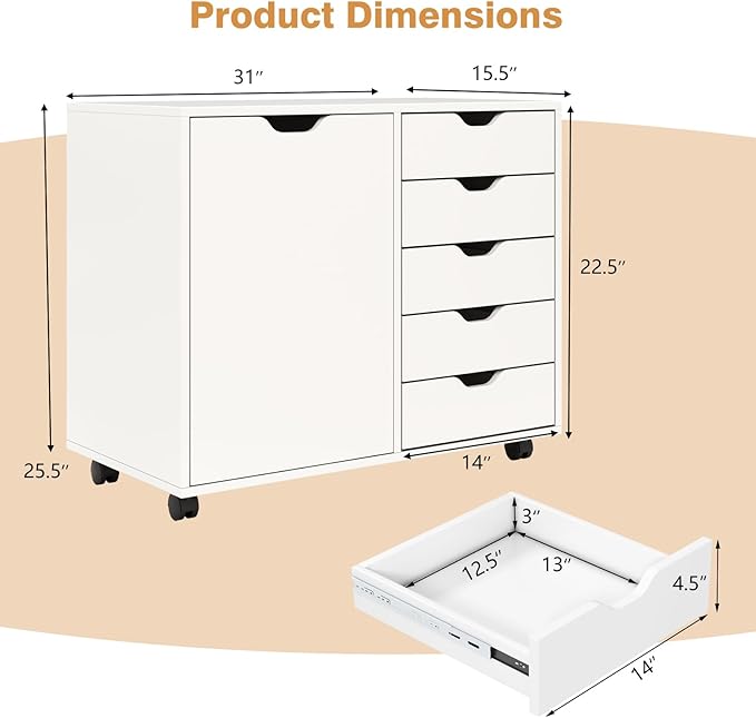 File Cabinet, White Filing Cabinet w/Universal Wheels, Printer Stand w/Door & Storage Drawers, Rolling File Cart for Home Office, Living Dining Room, Bedroom (White, 5 Drawers & 1 Door)