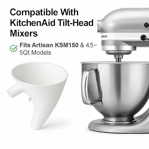Flour Funnel for Kitchen Aid Mixer, Easy Pour No-Mess Attachment, Anti-Splash Accessory, Fits Tilt-Head 4.5–5 Qt (KSM150), Durable Dishwasher-Safe Baking Tool (Black)