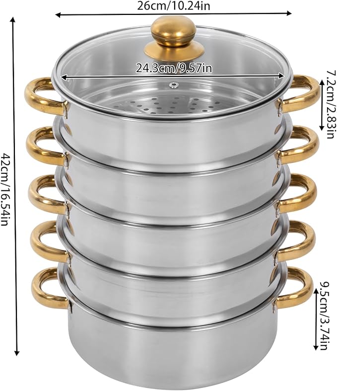Stainless Steel Steamer Pot, 10.3-Inch Steamer for Cooking, 5-Tier Food Steam Pots with Lid for Cooking Vegetables, Seafood, Soups, Stews, Dumplings and Pasta
