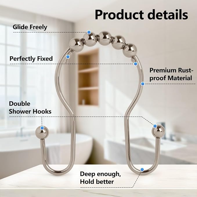 Resze Double Shower Curtain Hooks, Sturdy Metal Nickel Shower Curtain Rings - Image 3