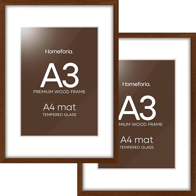 Homeforia A3 Picture Frame Brown Wood, High-End Dark Oak 11.7 x 16.5 Poster Walnut Frames Matted to 8.3 by 11.7 inch Photo, A3 Size Wooden Frame with Mat for A4 Art, Tempered Glass, Wall Kit, Set of 2