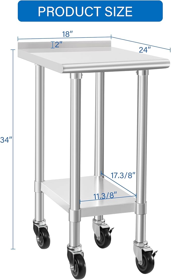 HARDURA Stainless Steel Commercial Work Table with Wheels Prep & Work Metal Table 24×18 Inches Heavy Duty NSF with Casters and 2" Backsplash