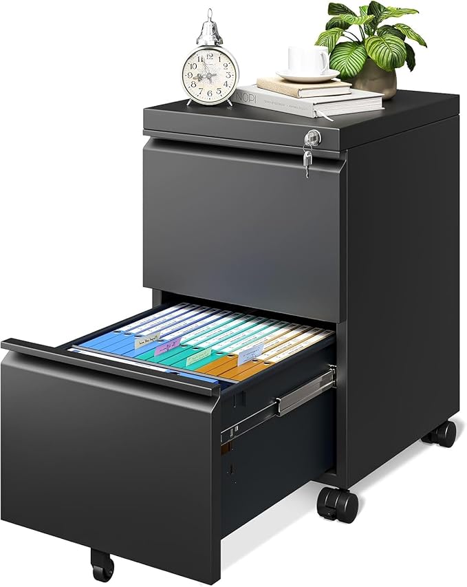 2 Drawer File Cabinet, Fully Assembled Locking Full Steel Filing Cabinet, 150LBS Capacity, Quiet Slides, Anti-Tipping Wheels, Fits A4/Letter/Legal, for Home Office, Matte Black