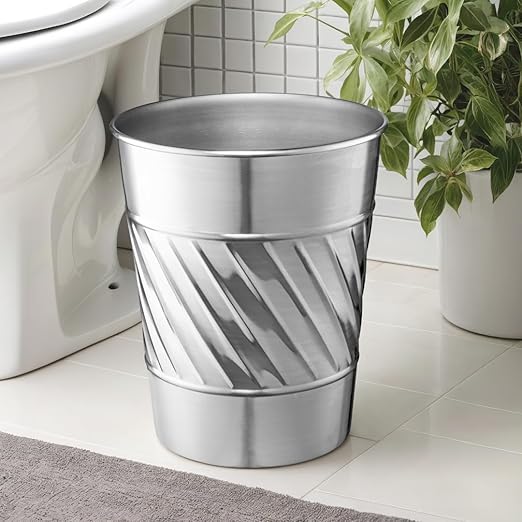 Monarch Abode Metal Bathroom Trash Can – Waste Basket for Bedroom, Office Desk, & Dorm, Handcrafted Wave Embossed, Durable Decorative Nickel Chrome Small Trash Can Bathroom Garbage Bin Wastebasket