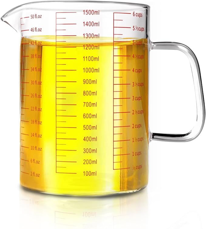WhiteRhino Glass Measuring Cup,6Cup/1500ml/50oz Liquid Measuring Cups, Measuring Cup With Handle and V-Shaped Spout, Glass Beaker with Three Scales (OZ, Cup, ML), Dishwasher/Freezer/Microwave Safe
