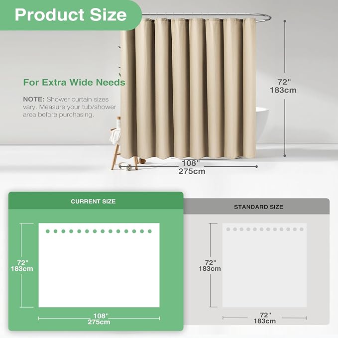 Dynamene Extra Wide Waffle Shower Curtain 256 GSM Fabric 108x72 Beige/Khaki - Image 3
