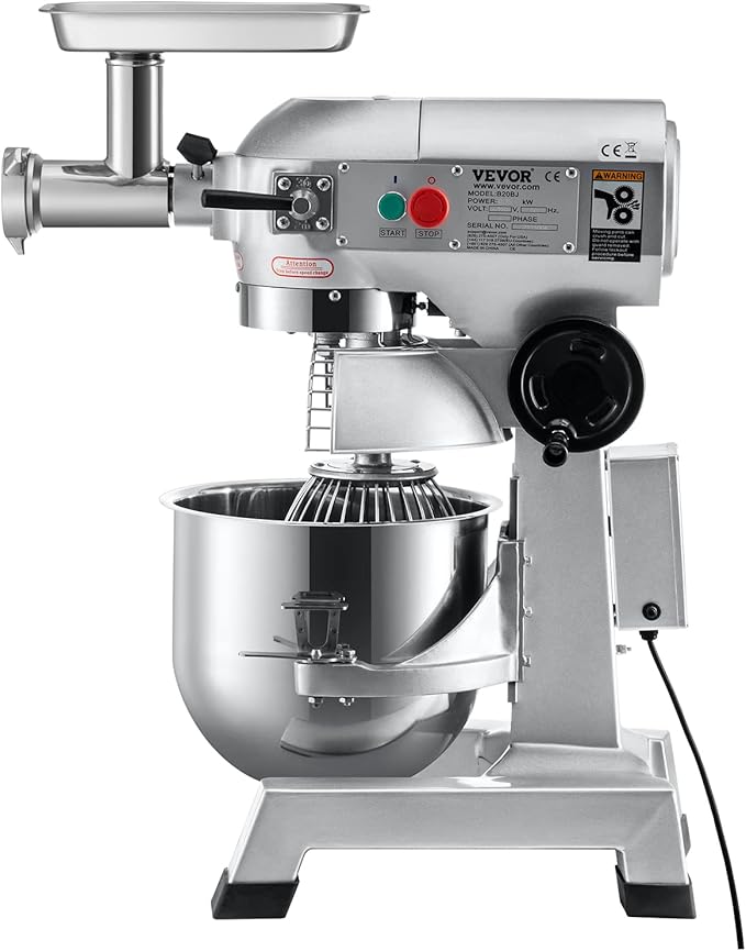 VEVOR Commercial Stand Mixer, 20Qt Stainless Steel Bowl, 1100W 2 in 1 Multifunctional Electric Food Mixer with Meat Grinder & 3 Speeds, Dough Hook Whisk Beater Included, Perfect for Bakery Pizzeria