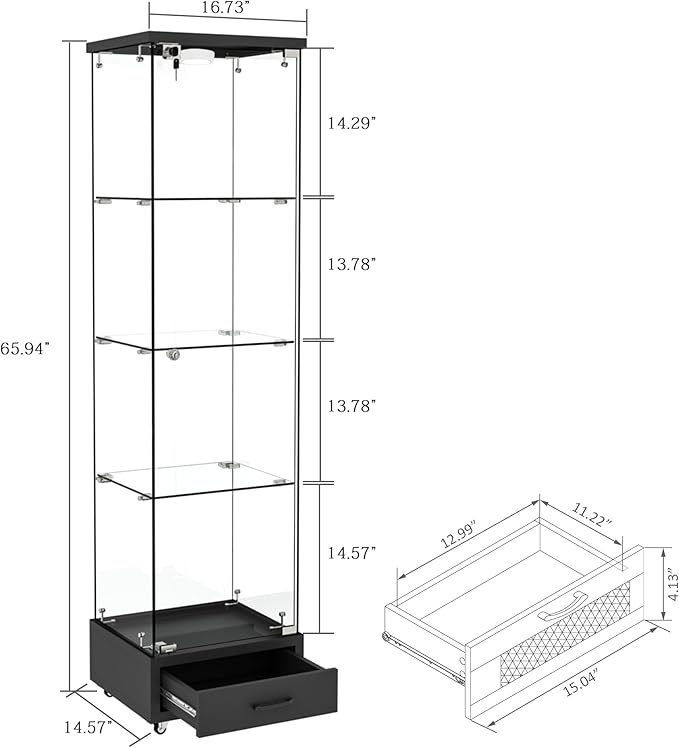 Yoluckea 4 Tiers Glass Display Cabinet with LED Lighting and Drawer, 1 Door Floor Standing Curio Cabinet with Wheel for Home, Office, Corner Display, Black Glass Bookshelf for Collections and Decor