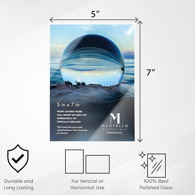 Mantello 5x7 Inch Front Loading Picture Frames - Clear - Art Wall Hanging Table Desk - Family Gallery Multi Photo Frame - 12 Pack