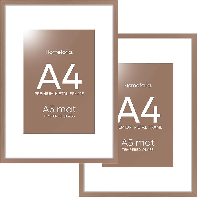 Homeforia A4 Picture Frame Mocha, High End Metal 8.3 x 11.7 Frames for Wall, A4 Photo Frame with Mat for A5 inch Print, 8.25 by 11.75 Mocha Poster Frames, 8.3x11.7 Frame with Glass, Wall Kit, Set of 2