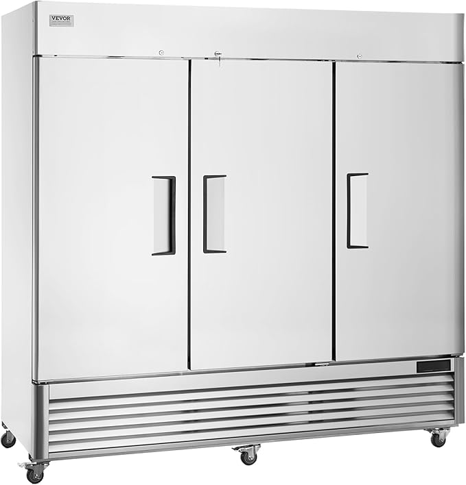 VEVOR Commercial Refrigerator 60.42 Cu.ft, Reach In 82.5" W Upright Refrigerator 3 Doors, Auto-Defrost Stainless Steel Reach-in Refrigerator & 12 Shelves, 33 to 41℉ Temp Control, LED Light, 4 Wheels