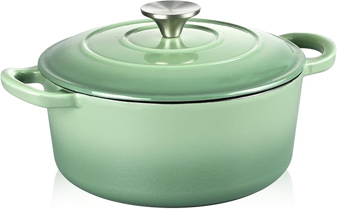 TeamFar Enameled Cast Iron Dutch Oven - 3QT Small Dutch Oven Pot with Lid - Heavy Duty Cast Iron Pot Cookware for Bread Baking, Braising, Stewing, Roasting, Pistachio Green