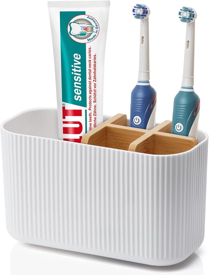 GFWARE White Toothbrush Holder, 5 Slots Bathroom Storage Organizer | Bamboo by GFWARE
