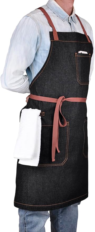 Professional Apron with Pockets, Mens Womens Chef Kitchen Bib Black Denim Apron for Cooking Grill BBQ Server, with Cross Back Straps and Towel Loop