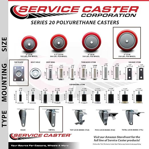 Service Caster Brand Replacement Caster for Uline Caster H-5540S-Swivel Top Plate Caster with 5 Inch Red Polyurethane Wheel-Light Duty Replacement Caster- Fits Carts, Dollies and Poly Box Truck H-3840