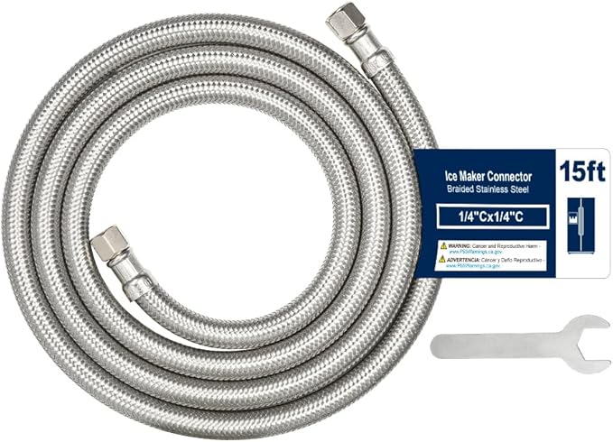 15FT Stainless Steel Braided Ice Maker Supply Line – 1/4″ Compression x 1/4″ Compression Fittings, Lead‑Free, Burst‑Proof, Universal Fit, NSF/UPC Certified, 10‑Year Warranty
