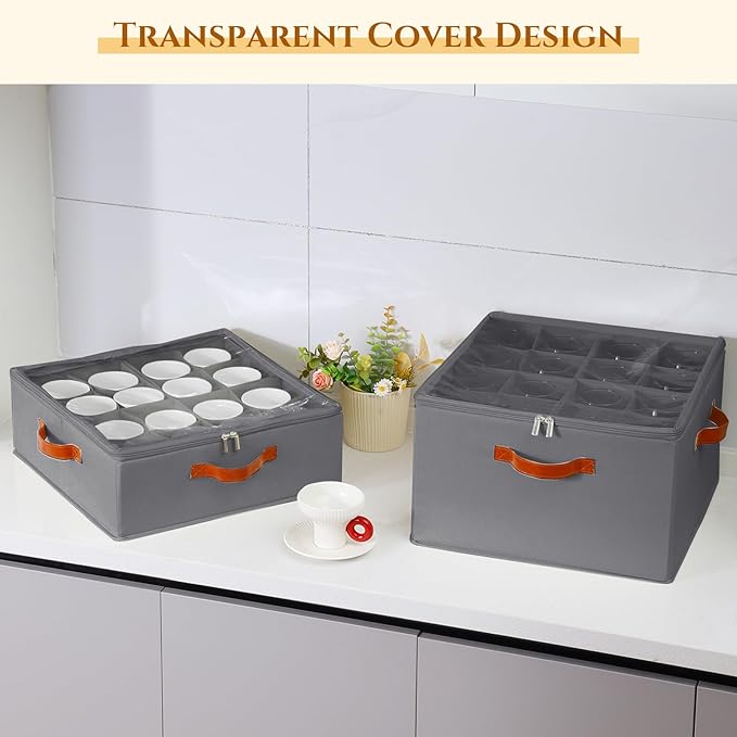 2 Pack Coffee Mug Storage Box with Dividers, Stackable China Storage Containers with Lid, Zipper, and Handles for 32 Mugs and Cups, Mug Storage Organizer for Packing & Moving, Gray