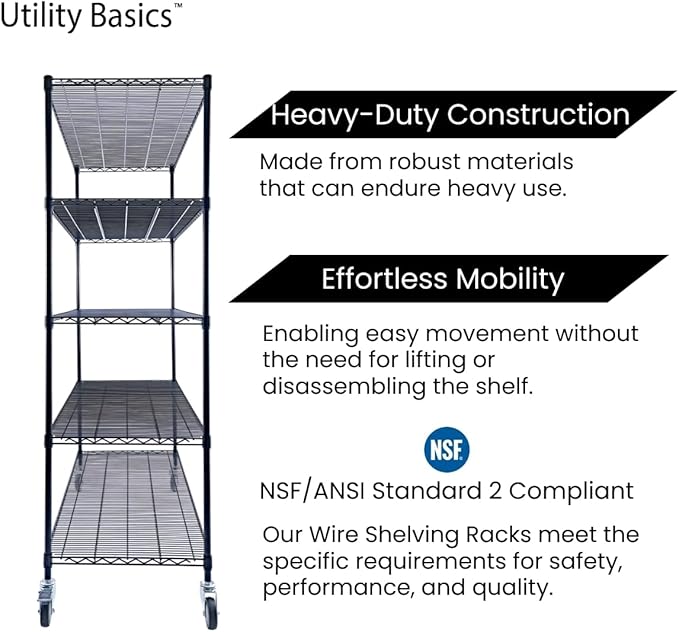 NSF Commercial 5-Tier Wire Shelving with Wheels, 48"x24"x72" Heavy Duty Metal Shelves 4000 lbs Max Capacity, Black Storage Rack for Garage Kitchen Pantry Warehouse
