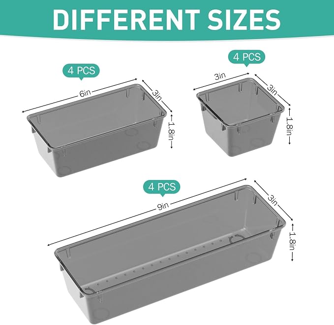 12 Pack Clear Drawer Organizer Set, Drawer Storage Trays, Storage Bins | - Image 2